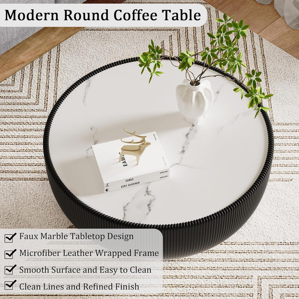 27.55" Black Round Coffee Table, Drum Coffee Table with Sintered Stone T...