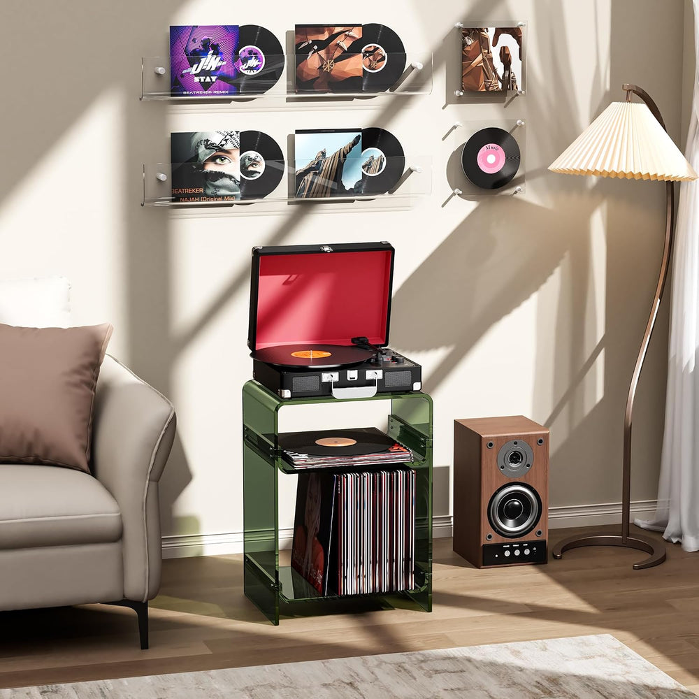 Acrylic Record Player Table with Storage Shelf, Clear Side Table Nightstand (...