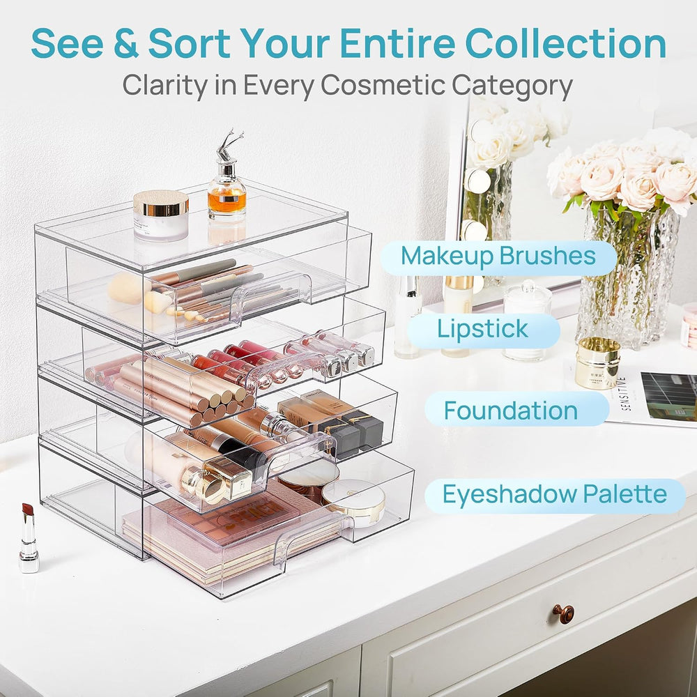 Vtopmart Clear Stackable Storage Drawers, 4 Pack Wide Plastic Organizers