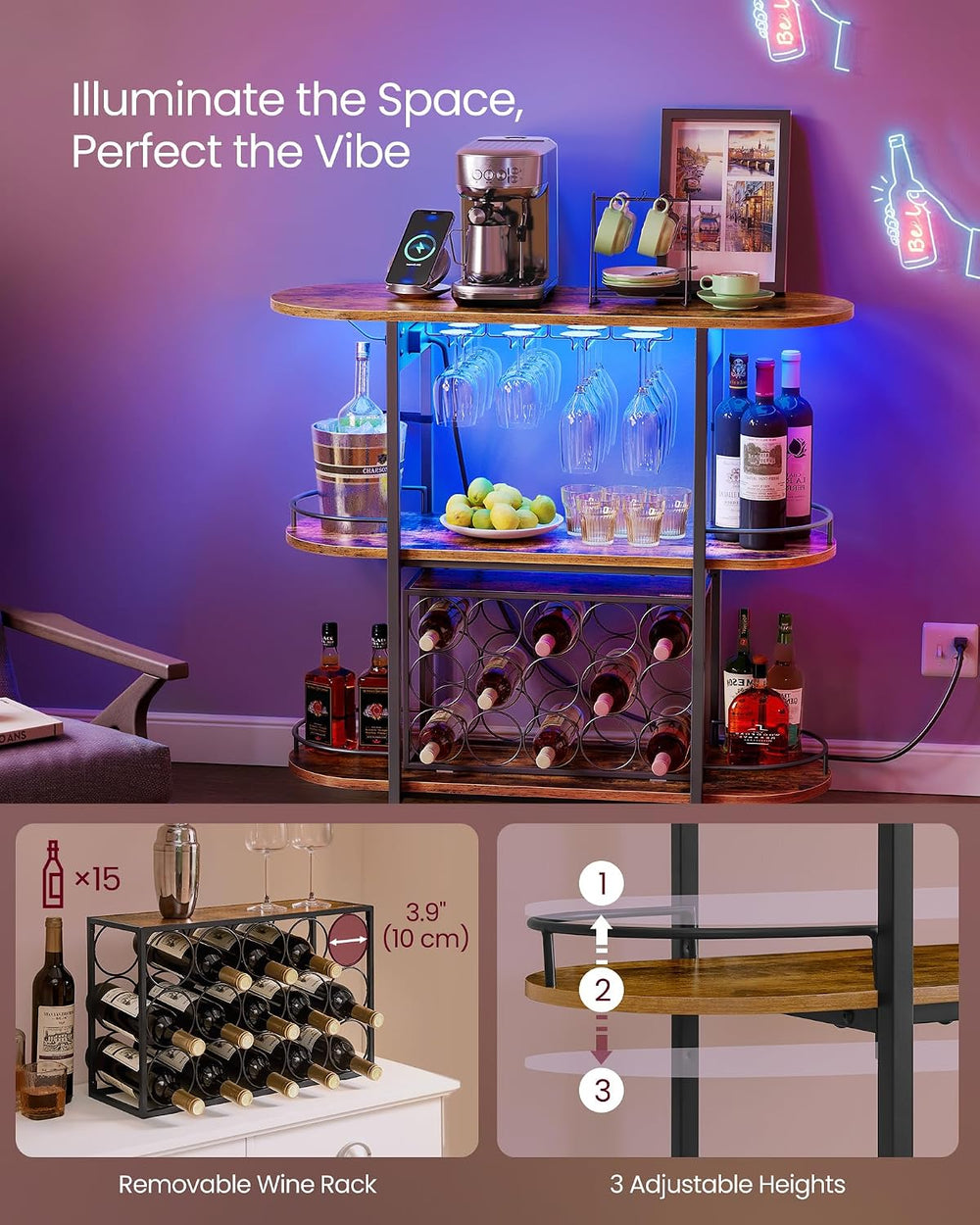 VASAGLE Bar Cabinets for Home, LED Coffee Bar with Power Outlets | Mini Bar f...