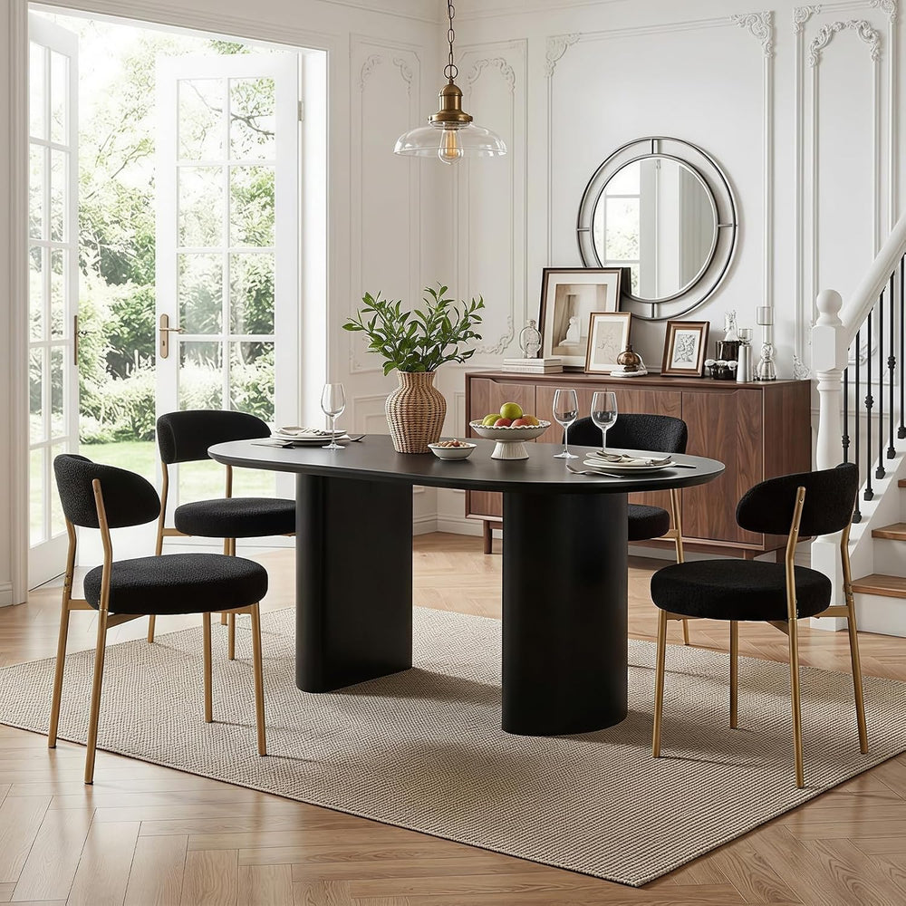 Black Boucle Dining Chair Set of 4, Modern Oval Upholstered Dining Chairs wit...