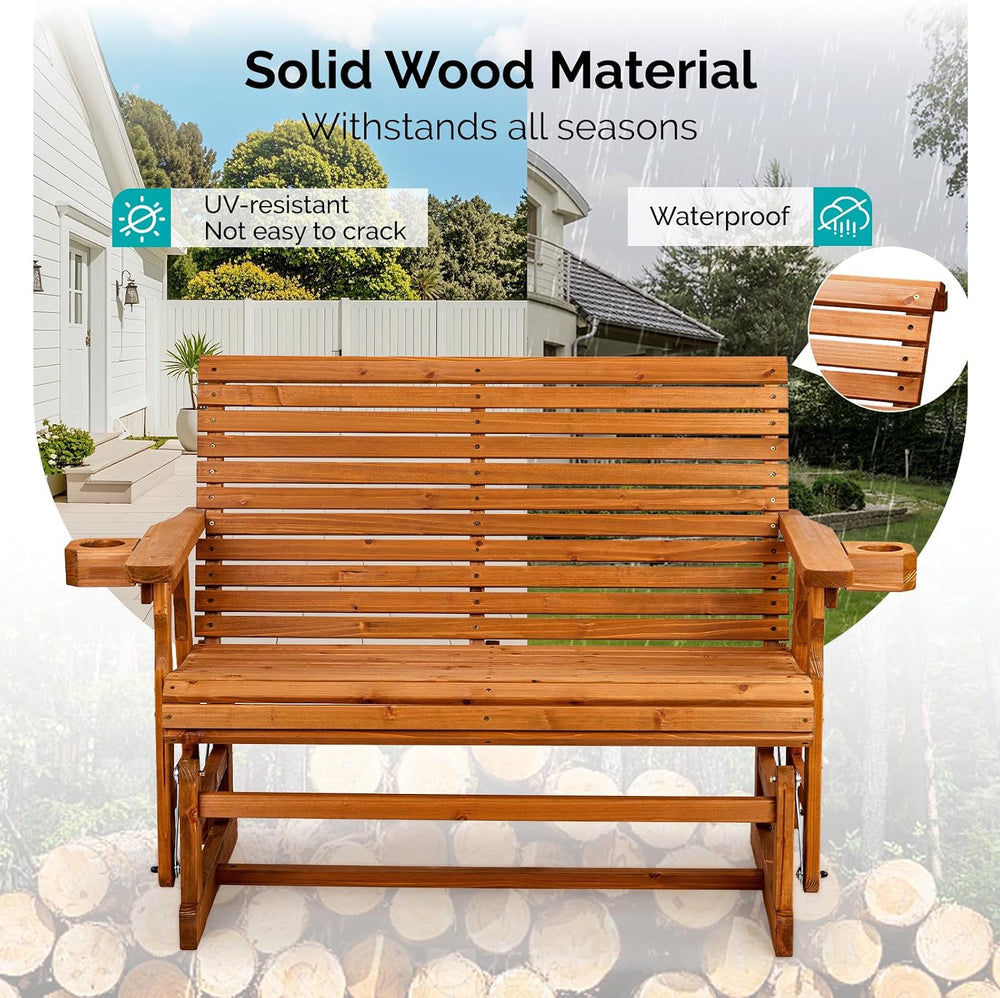 VINGLI Outdoor Glider Wood Patio Chair with Cup Holders, Outdoor Bench Glider...