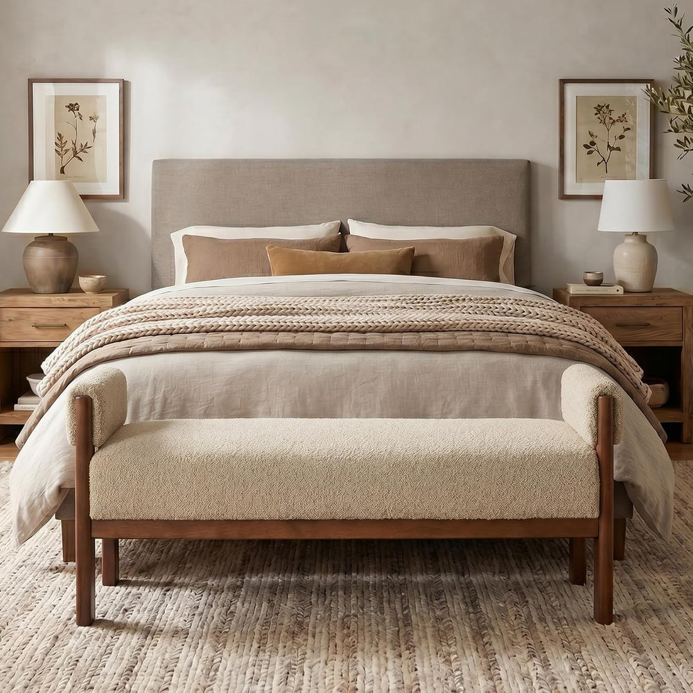 VKNOW 51.8”End of Bed Bench Upholstered Bedroom Bench with Arms, Brown | Soli...