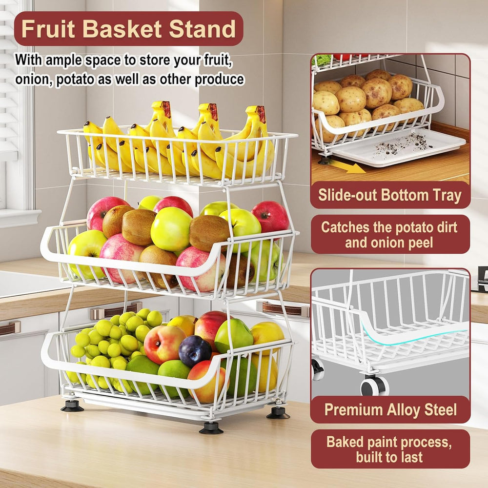 3-Tier Rolling Pantry Cart with Wheels, Stackable Wire Storage Floor Organize...