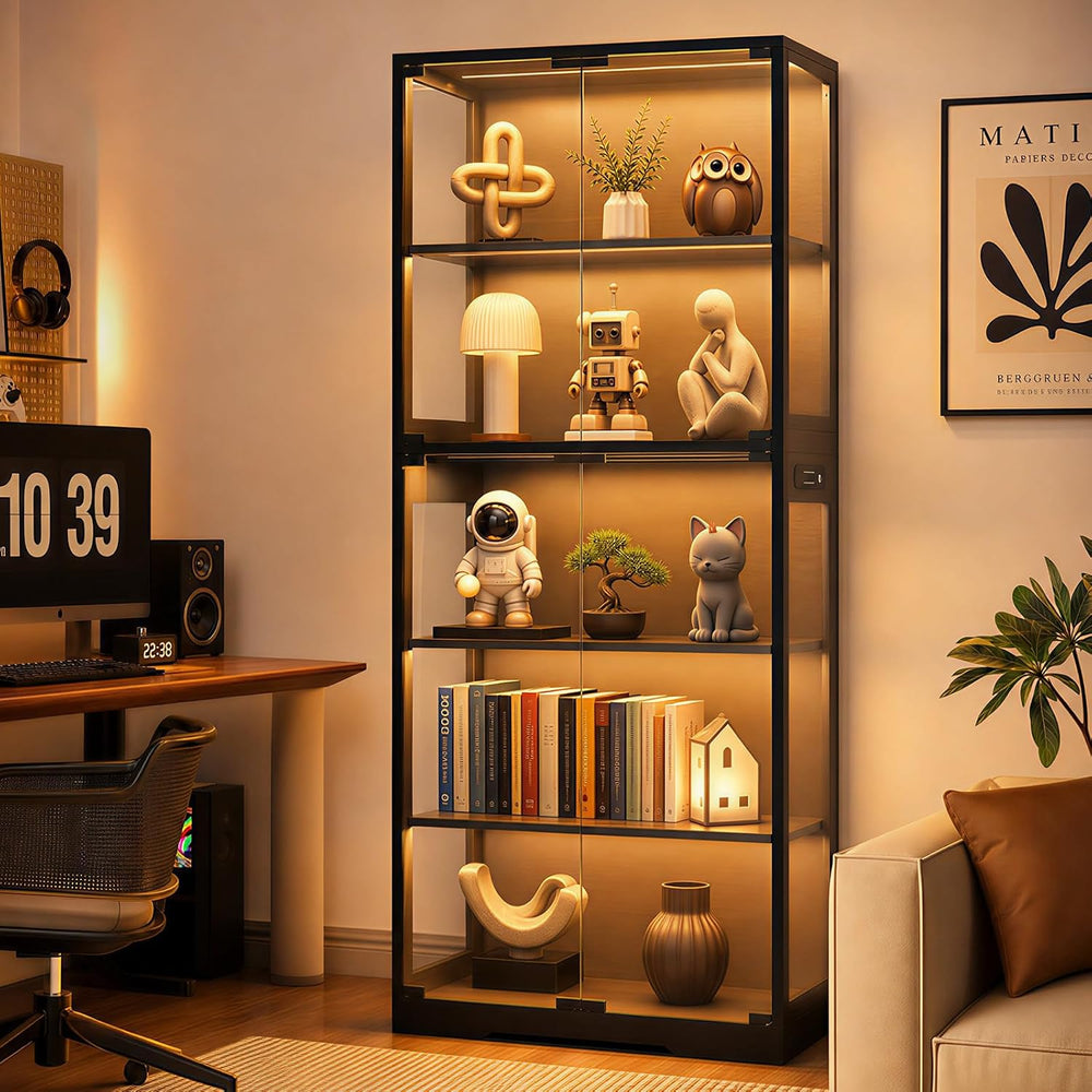 Display Cabinet with Glass Doors, 5-Tier 65" Glass Display Cabinet with ...