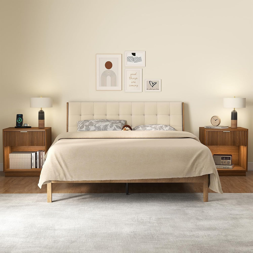 Miereirl Fluted Nightstand with Charging Station, Vintage Modern Night Stands...