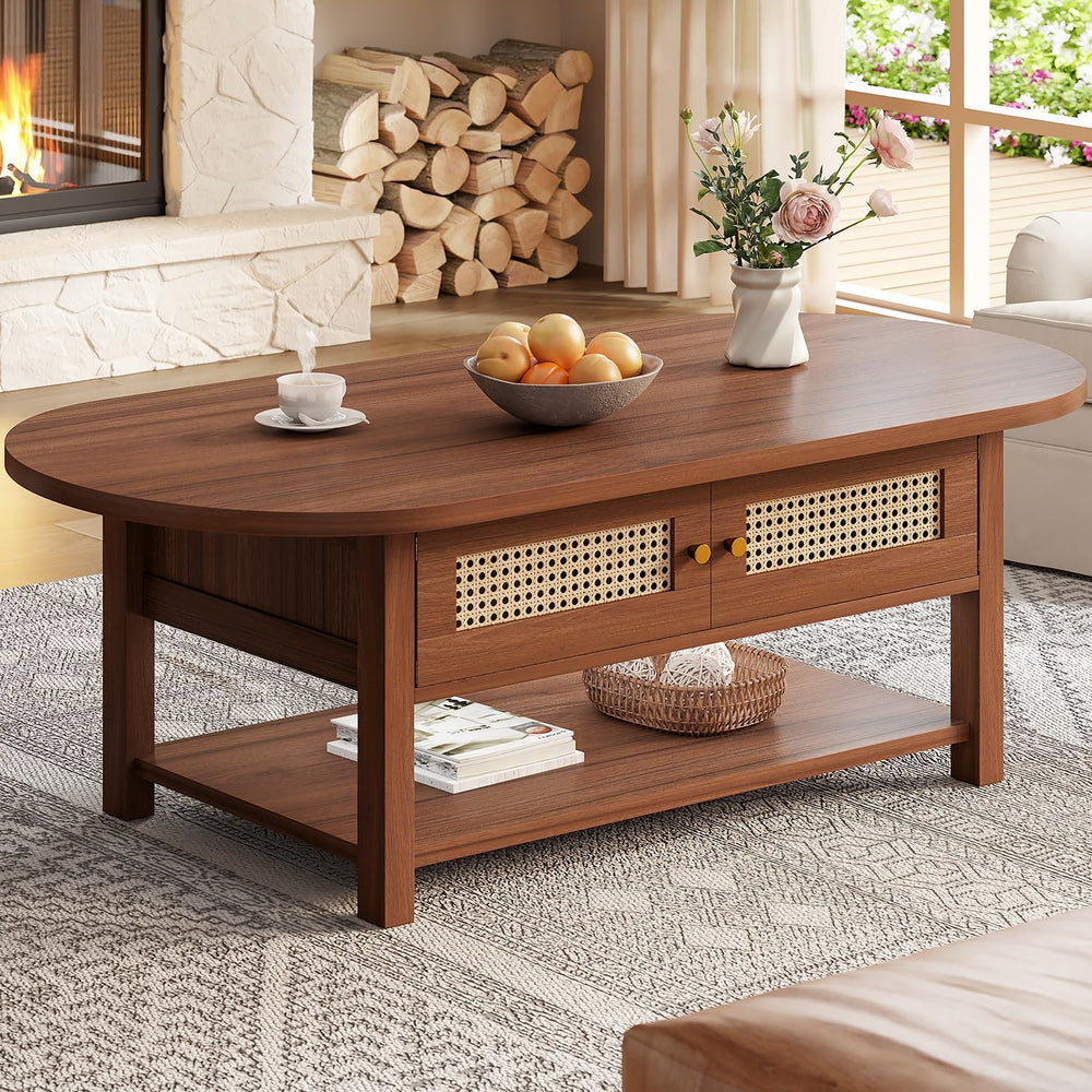 LVB Oval Coffee Table, 47" Rattan Boho Wood Living Room Table with Storage