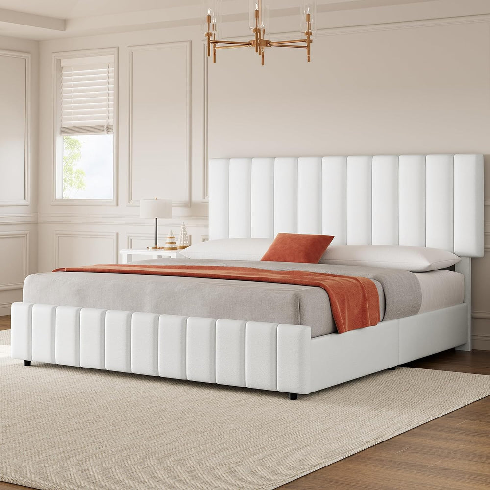 IDEALHOUSE Queen Size Bed Frame with 4 Storage Drawers, PU Leather Linen Upho...