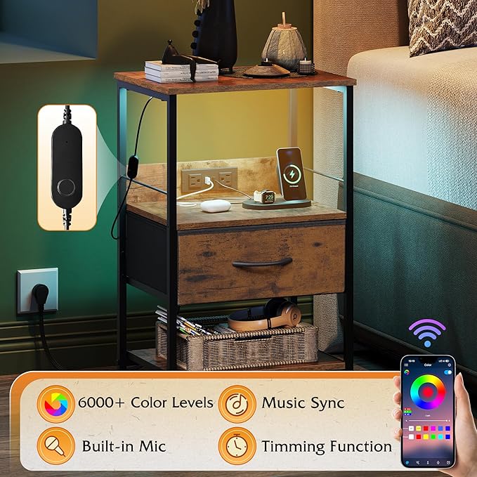 WLIVE Night Stand with Charger Station, LED Nightstand with Adjustable Fabric...