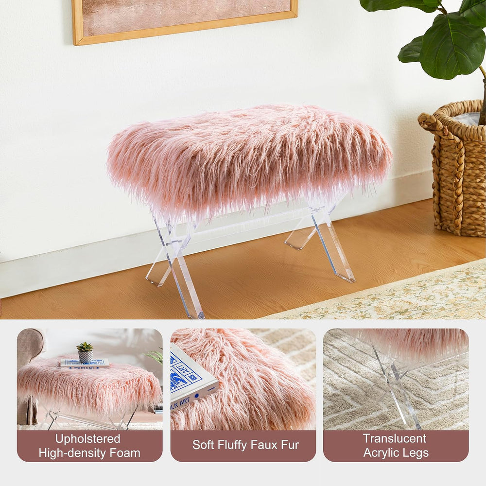 Glitzhome Ottoman Bench, Pink Faux Fur Ottoman Foot Rest, Modern Vanity Stool...