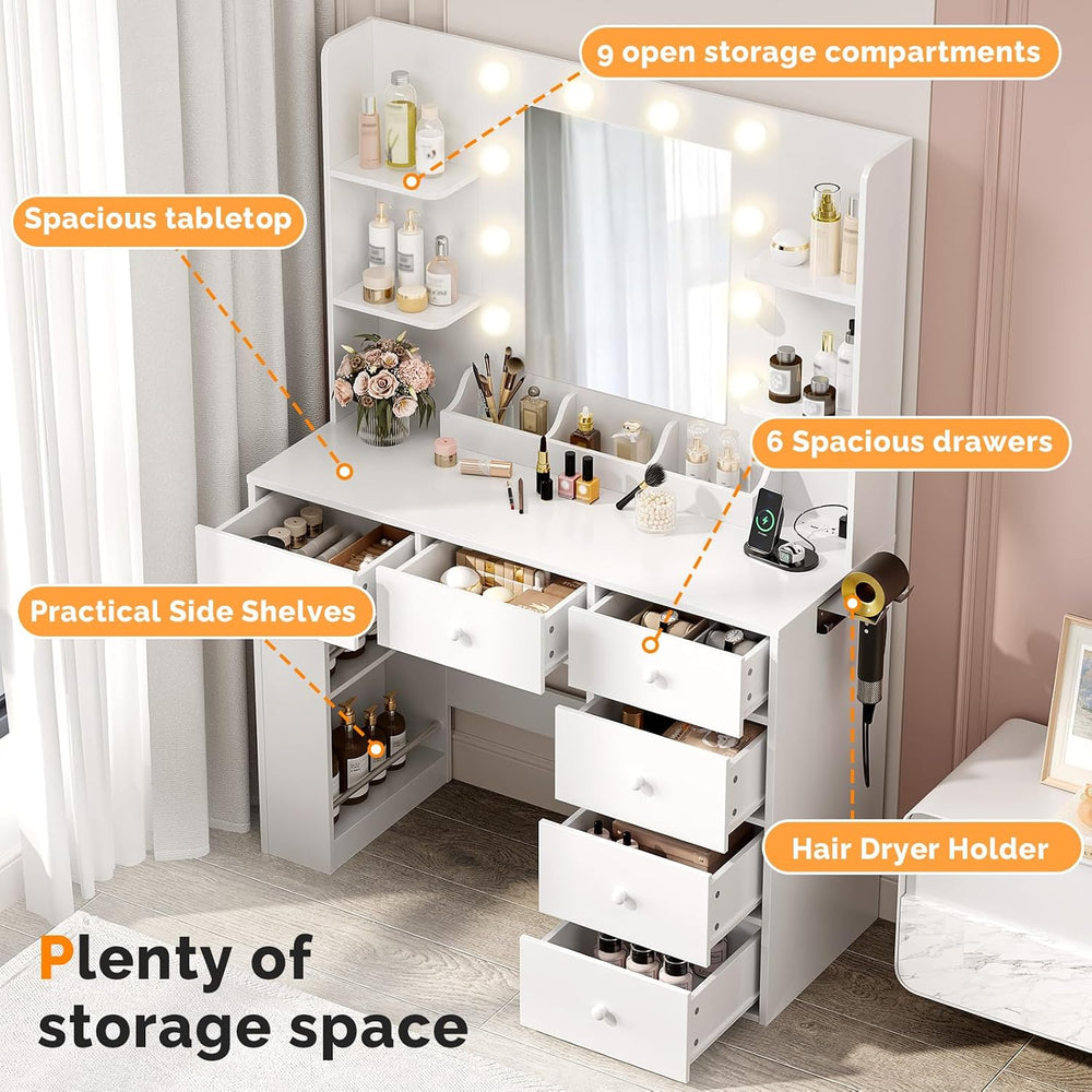 VINGLI Vanity Desk with Mirror and Lights, Makeup Vanity Table w/ 6 Storage D...