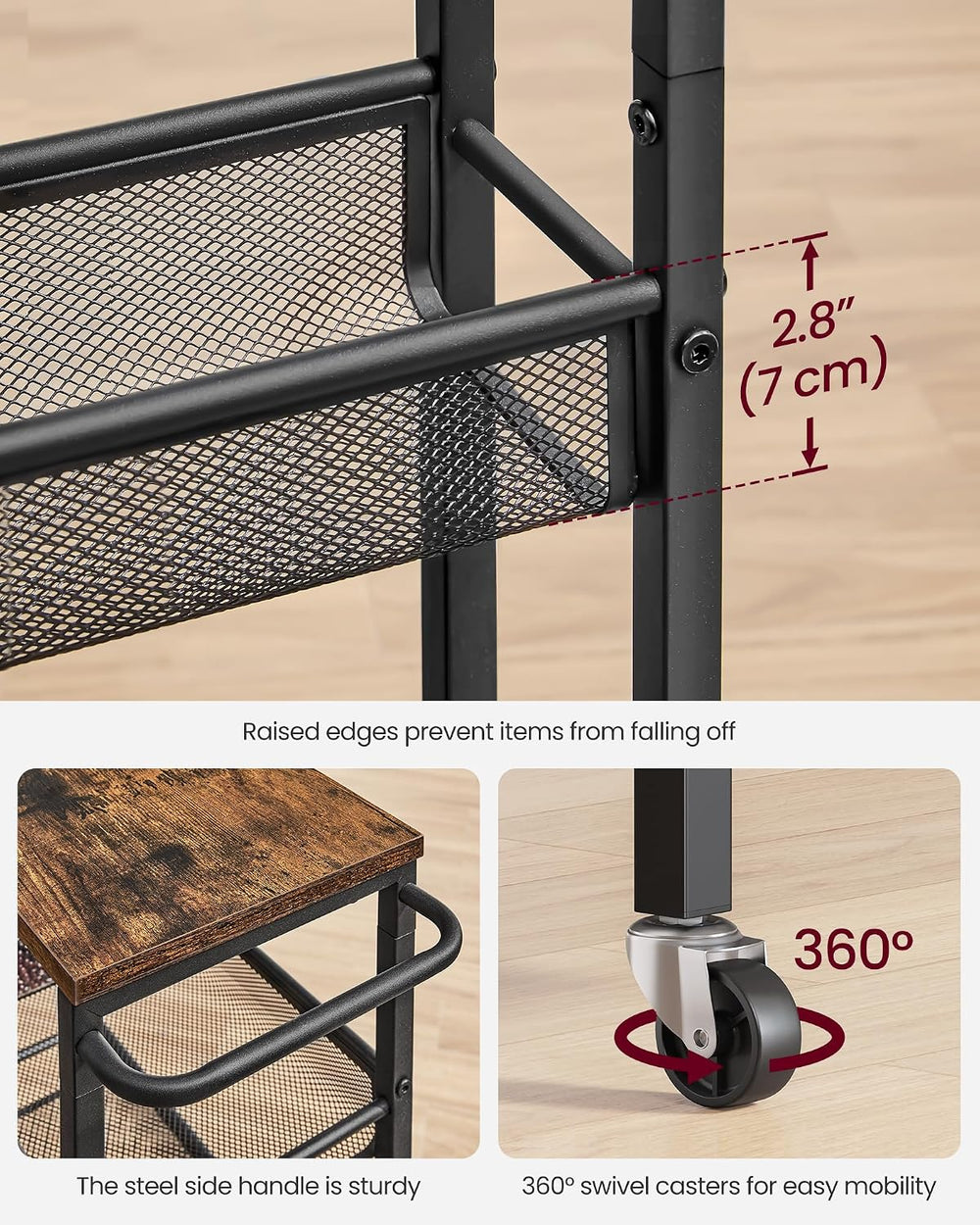 VASAGLE 6-Tier Slim Rolling Storage Cart, Narrow Kitchen Cart with Wheels, Ut...