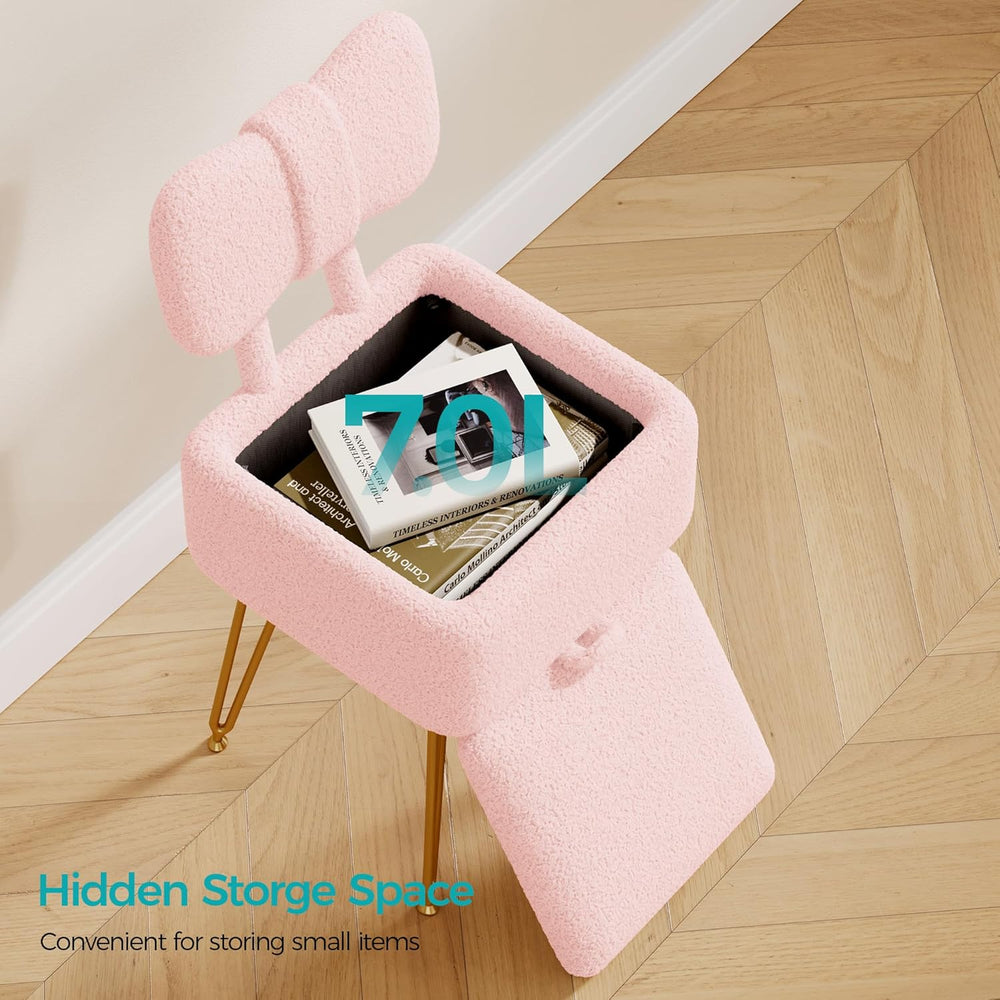 Small Vanity Stool Chair with Storage and Foldable Back, Pink | Soft Storage ...
