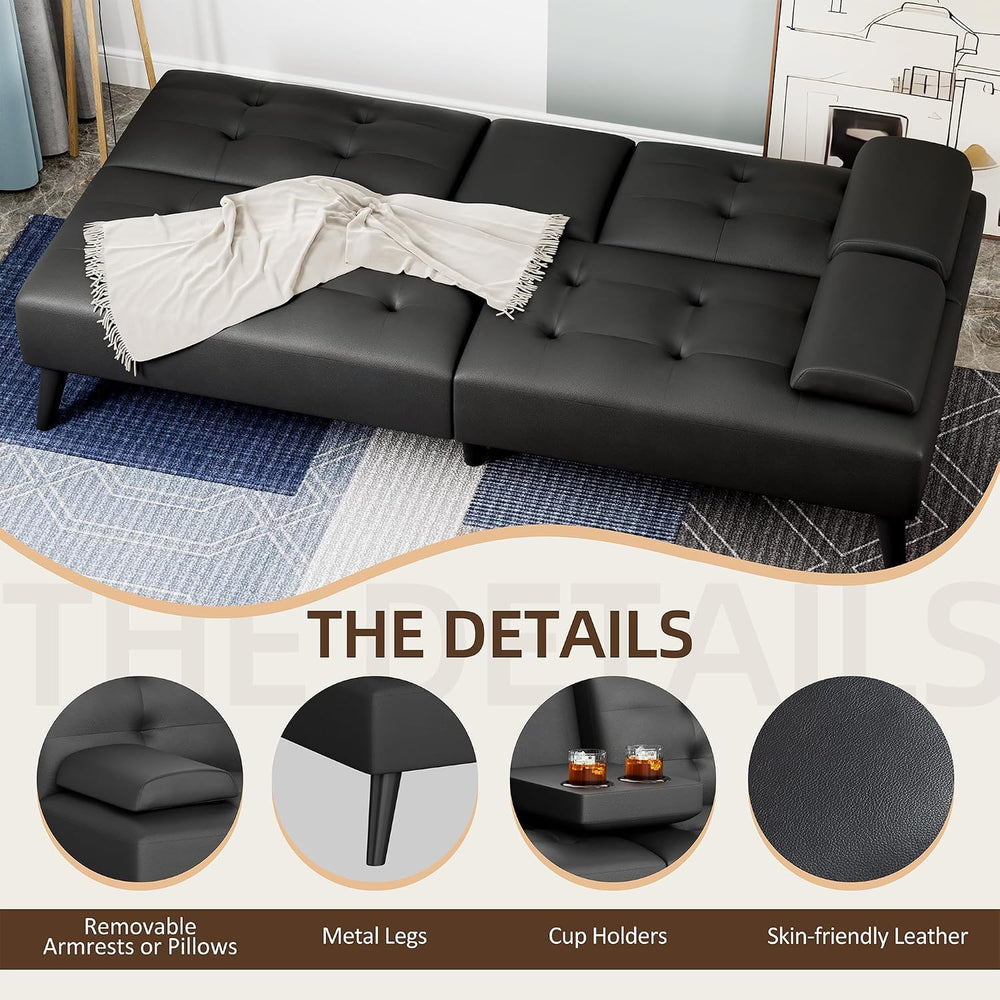 Shintenchi 64" Futon Sofa Bed, Leather Foldable Couch, Upholstered Loves...