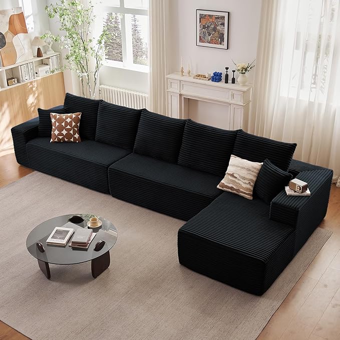 166.9" Cloud Sectional Couch with L-Shape Chaise, Upholstered Corduroy Couches Sleeper with Deep Seat, Modern Modular Comfy Sofa Chaise Longue for Living Room Bedroom, No Assembly Required, Black