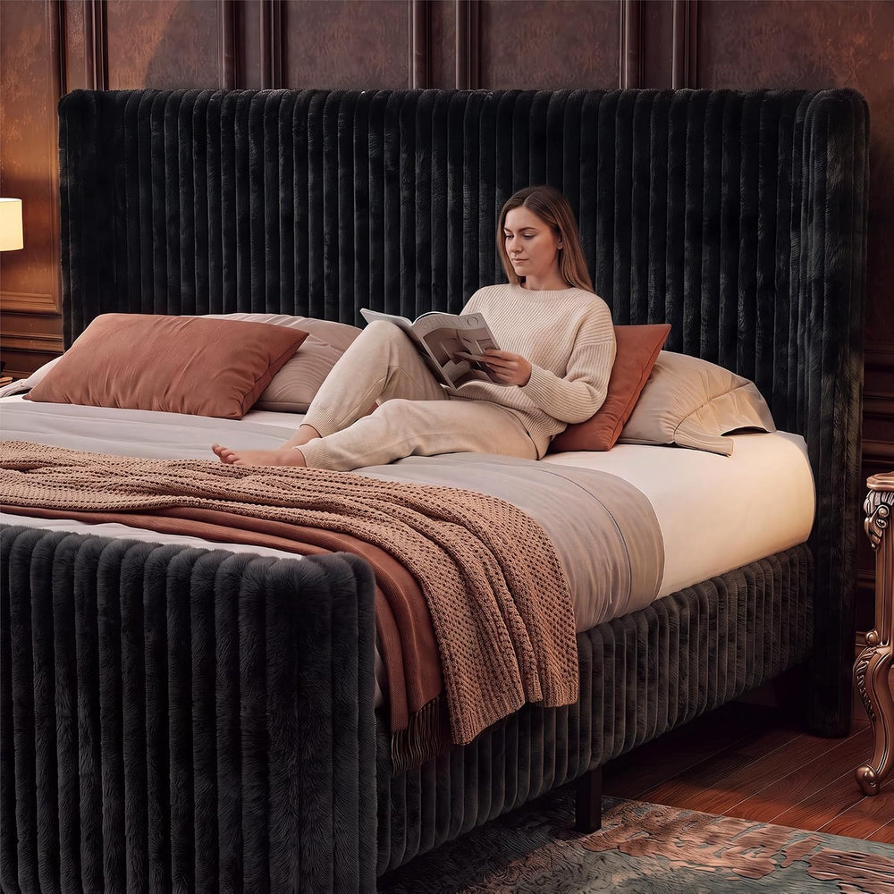 King Bed Frame with Faux Fur Upholstered Curved Wingback Headboard & Foot...