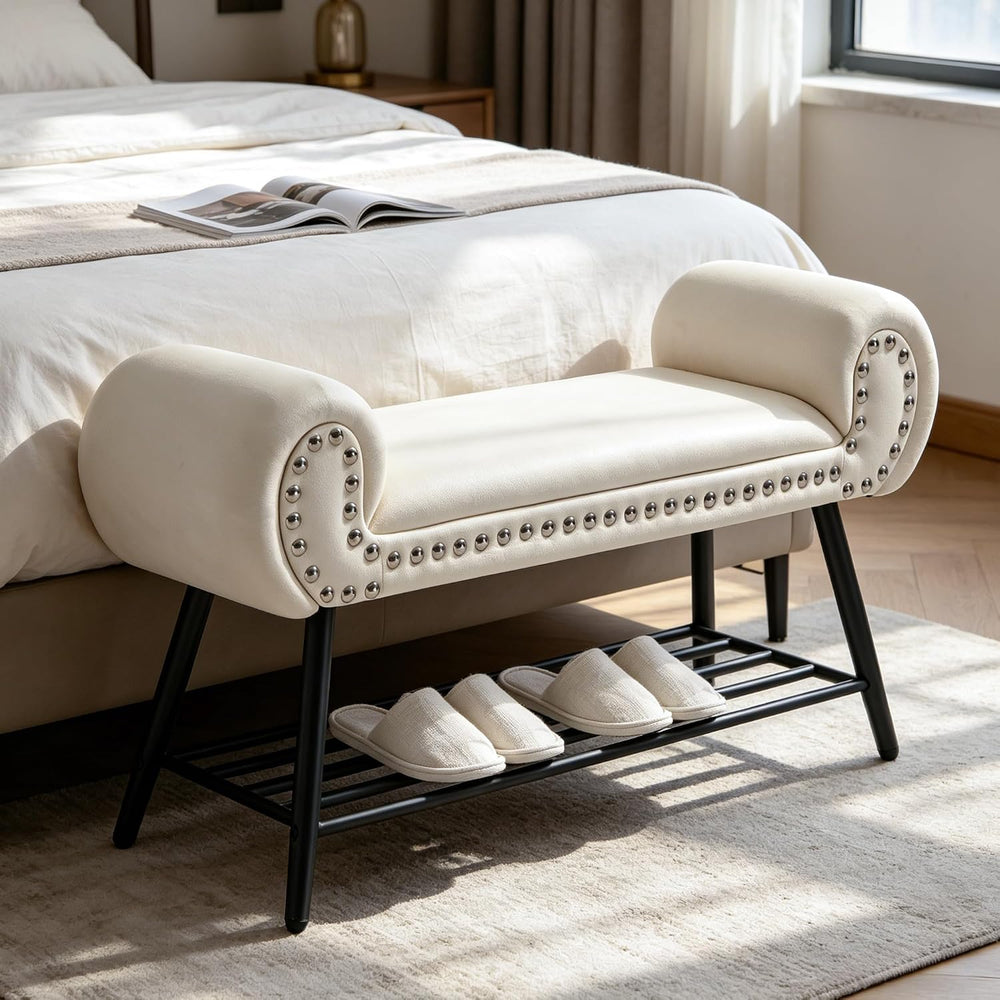 45" Upholstered Storage Shoe Bench, Velvet Fabric End of Bed Bench with ...
