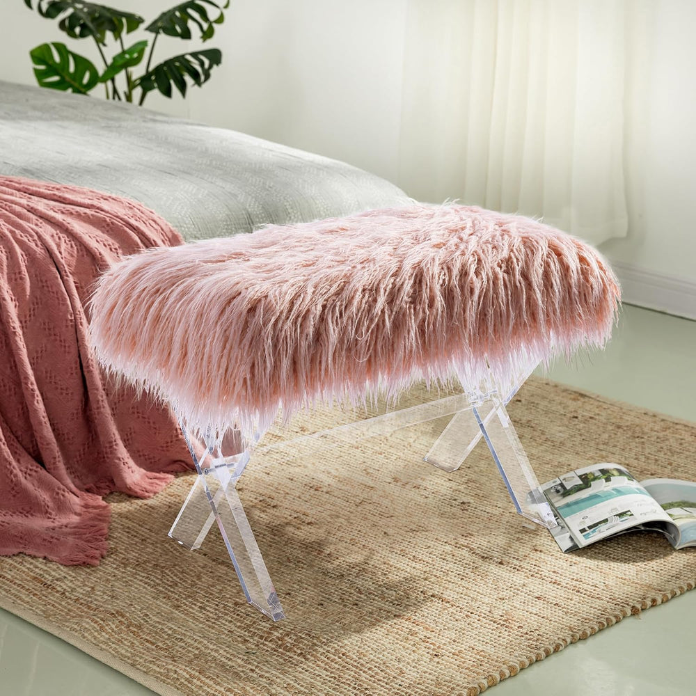 Glitzhome Ottoman Bench, Pink Faux Fur Ottoman Foot Rest, Modern Vanity Stool...