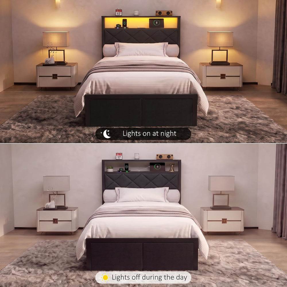 Twin Bed Frame with LED Lights, Charging Station & 2 Storage Drawers, Met...
