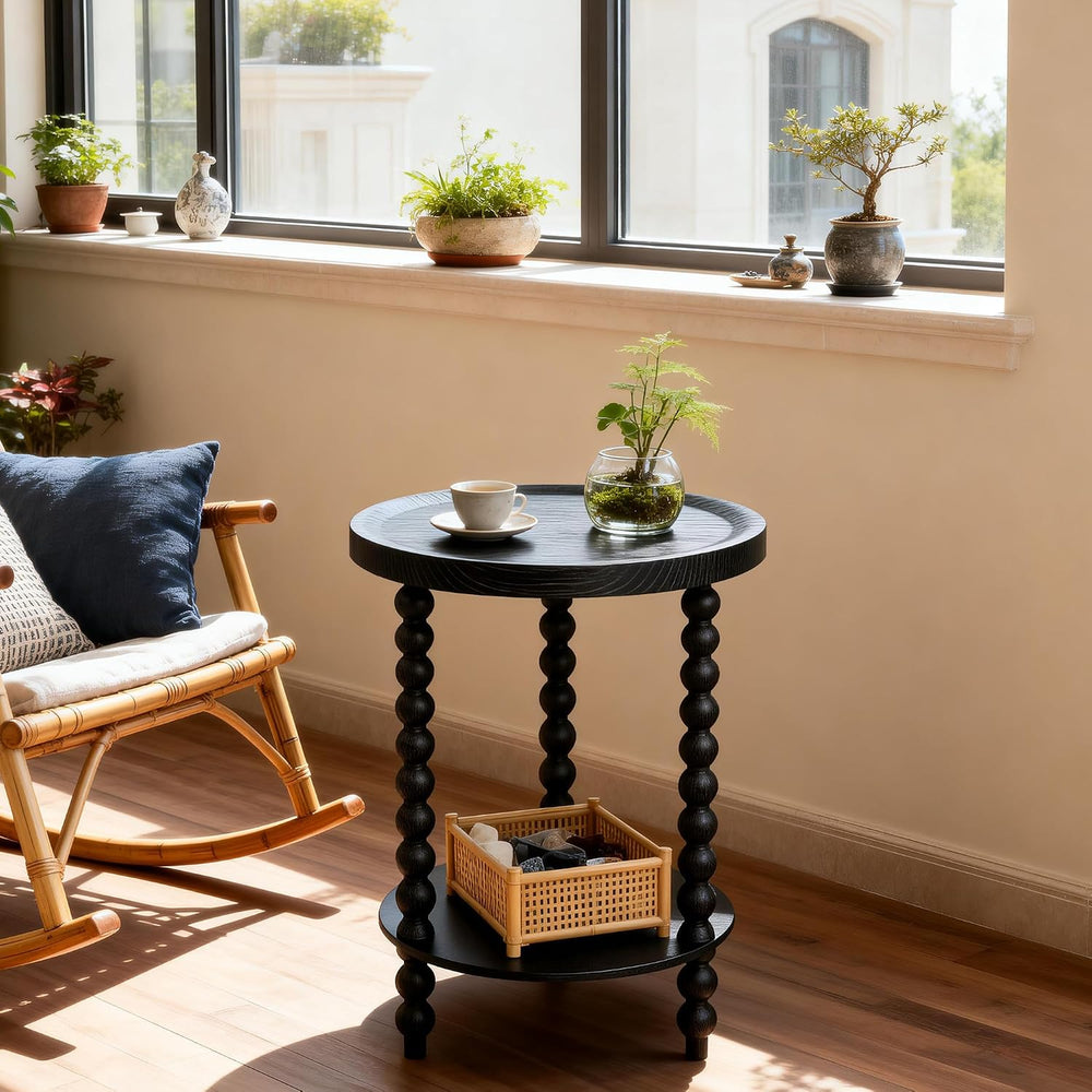 Round 2 Tier Side Table, End Table with Storage Shelf, Modern Nightstand Besi...