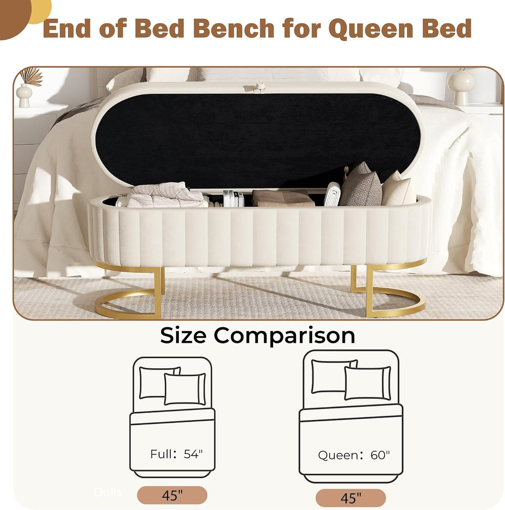 Storage Ottoman Bench, 45" Velvet End of Bed Bench Bedroom Bench with Go...