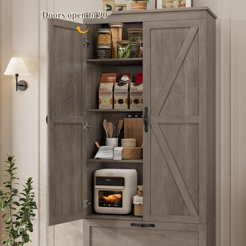 HOSTACK 70" Tall Kitchen Pantry Storage, Barn Doors Pantry Cabinet with ...