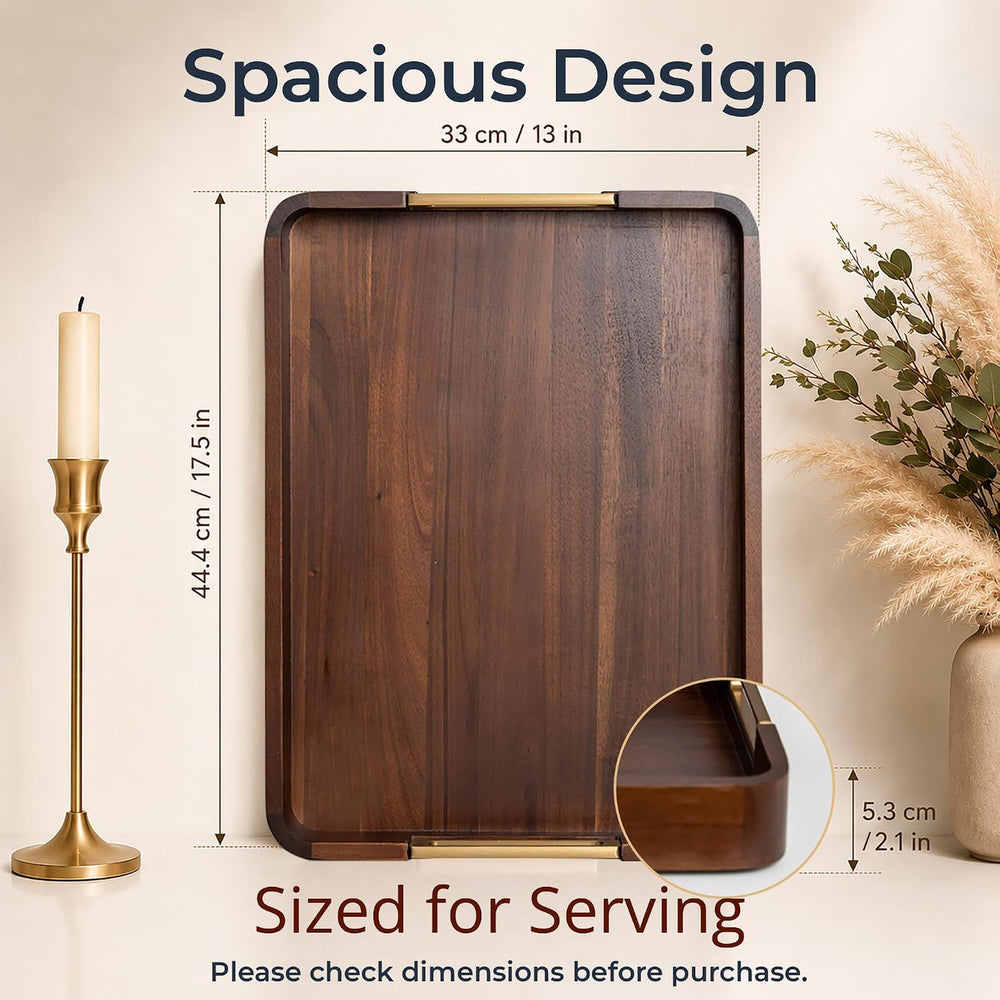 100% Acacia Wooden Serving Tray with Gold-Tone Aluminum Handles
