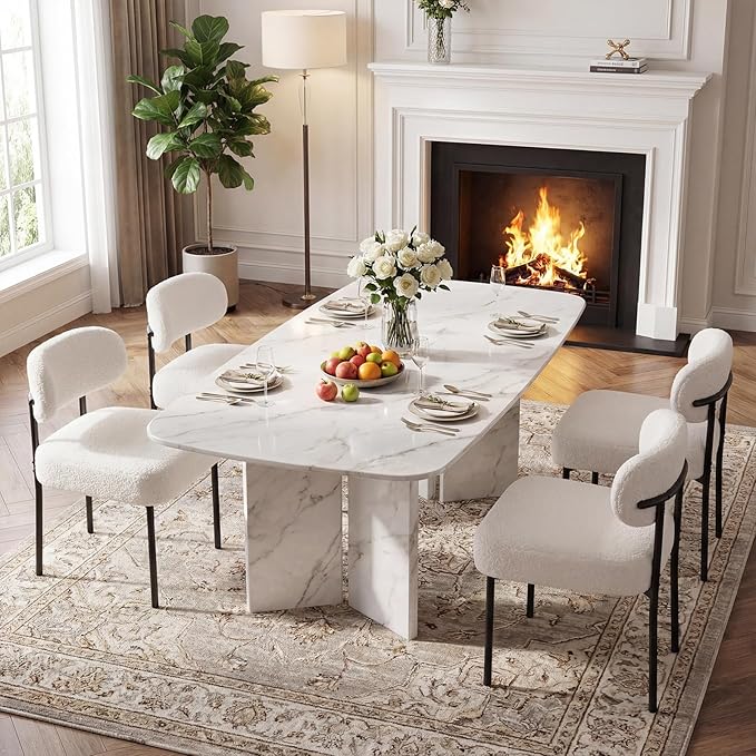 Dining Chairs, White Boucle Dining Chairs, Kitchen Dining Room Chairs Curved ...