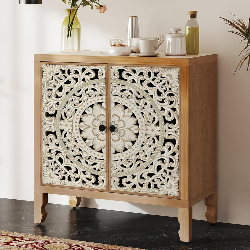 Solid Wood Buffet Cabinet, Accent Cabinet, 2 Carved Doors, White