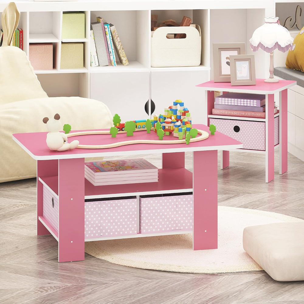 Furinno Andrey Side Table with Bin Drawer, Pink End Table with Open Shelves, ...
