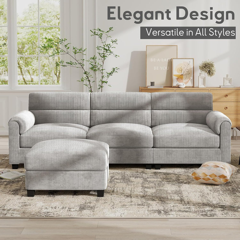 Bonzy Home Corduroy Couch Sets for Living Room, Light Gray