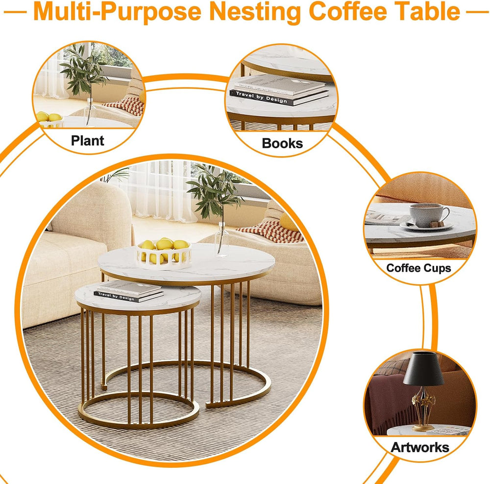 Garden 4 you Coffee Table Faux Marble Nesting Table for Small Place 2 Sets Mo...