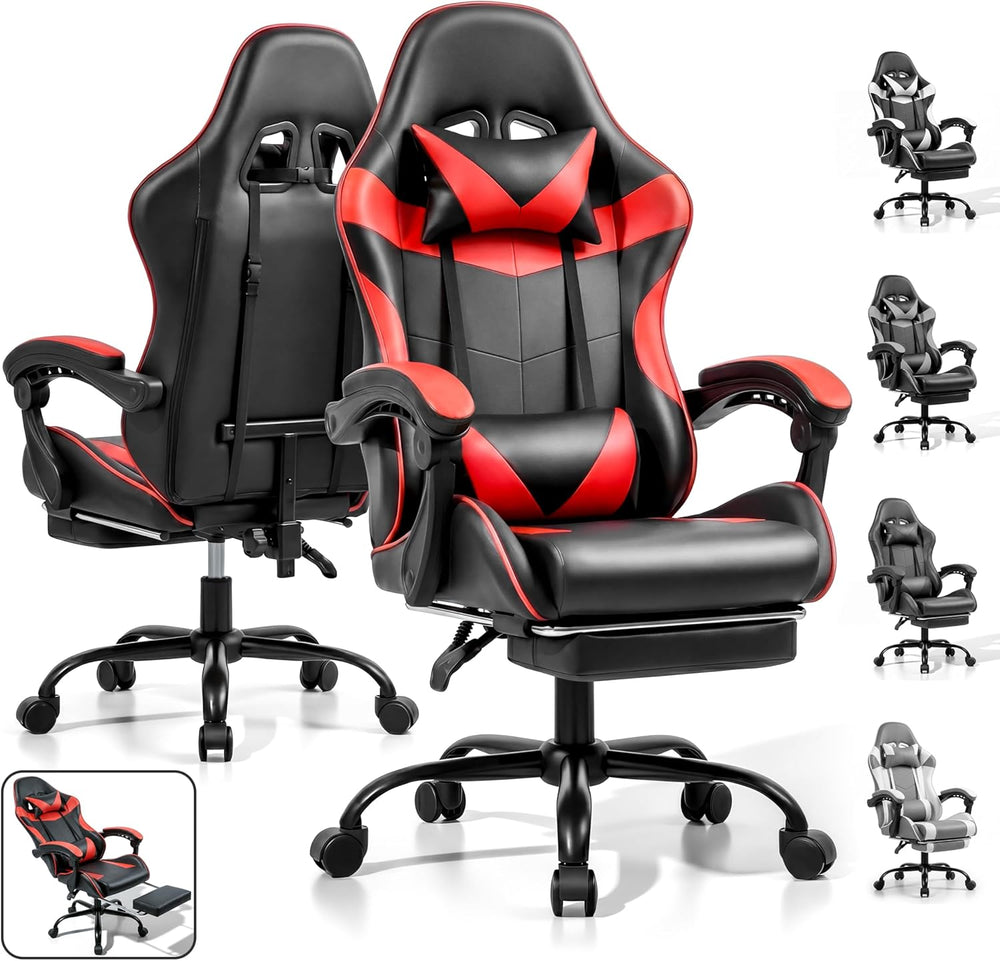 Gaming Chair, Ergonomic Footrest, Lumbar & Headrest(Red Black) | Steel fr...