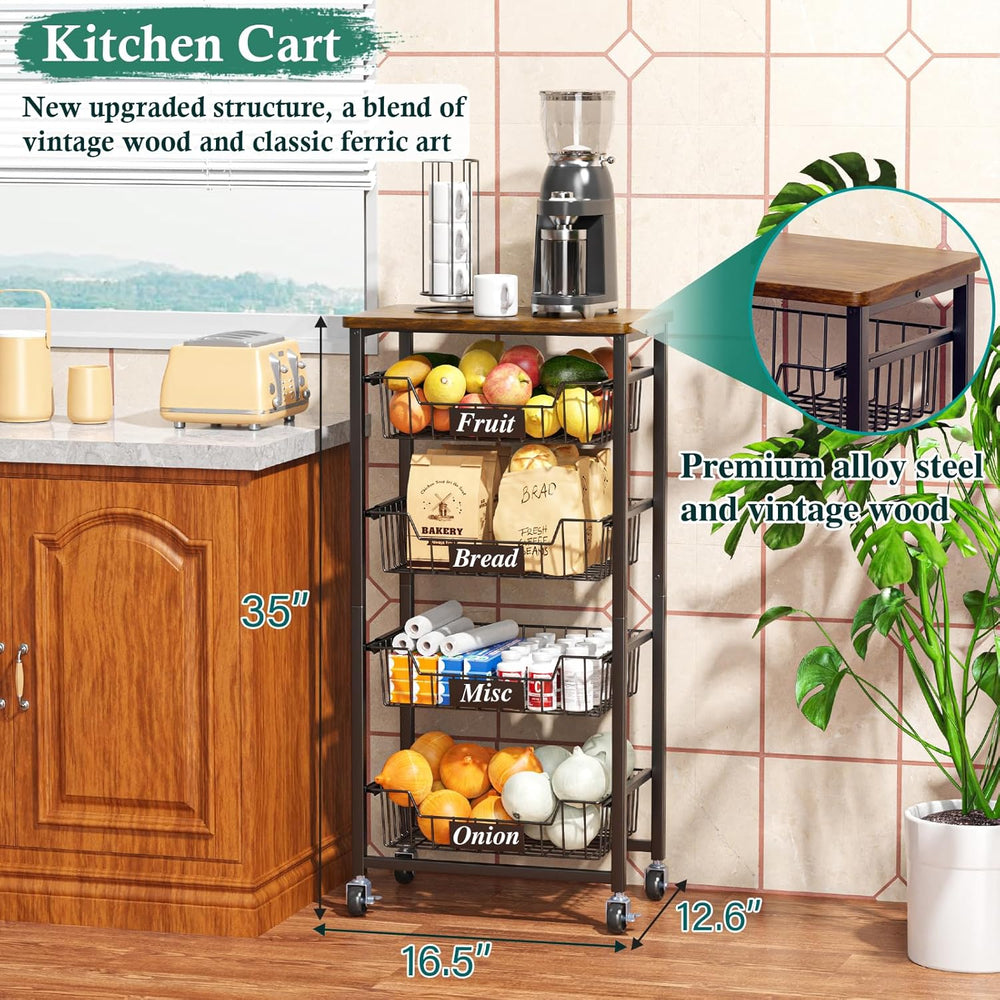 OKZEST Fruit Basket, 5-Tier Utility Kitchen Organizer and Storage Cart with P...