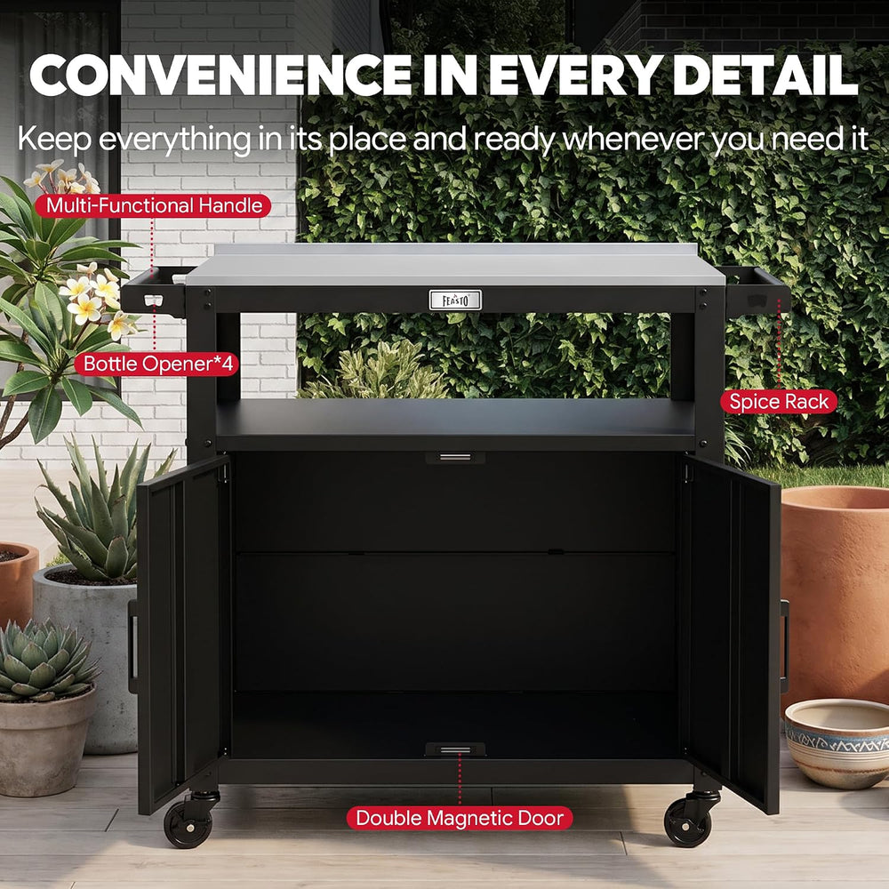Feasto Outdoor Grill Cart w/Storage Cabinet, Stainless Steel Top, Black