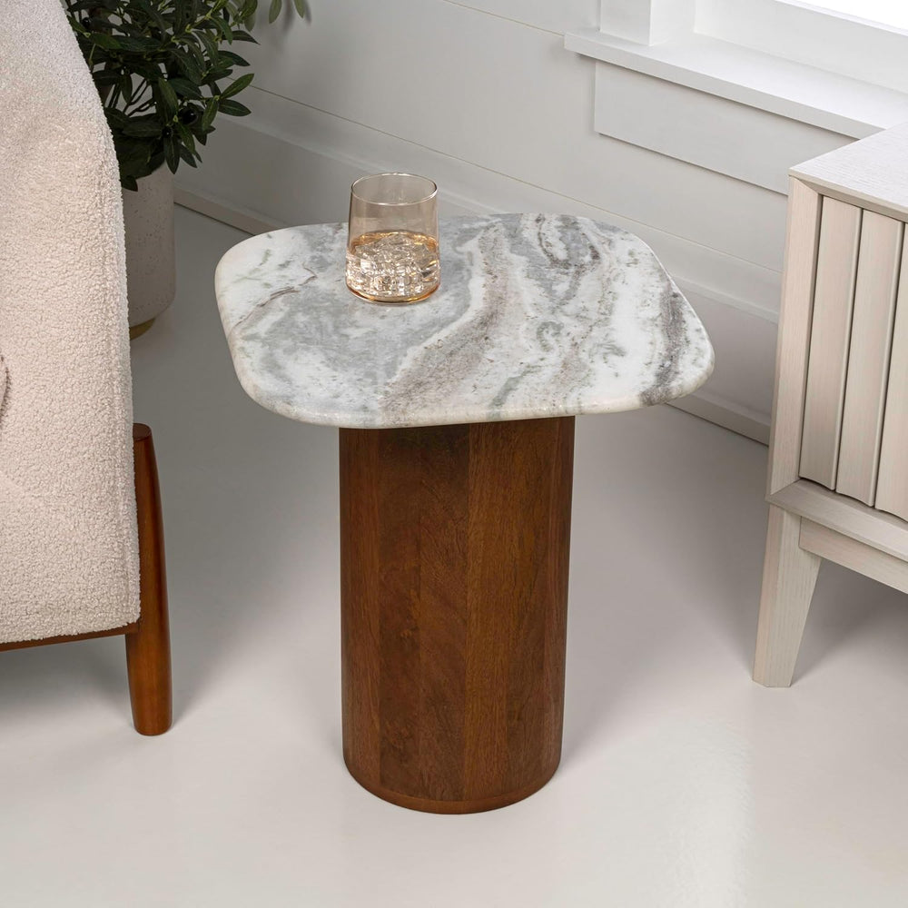 JONATHAN Y Milos Natural White Marble Square Top End Table with Honey Wood Cy...
