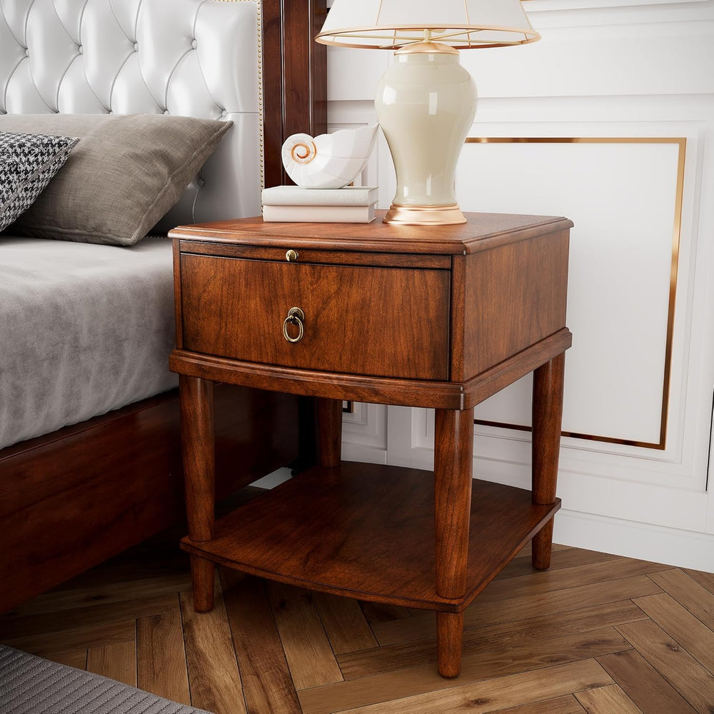 LEEMTORIG Set of 2 Large Cherry Wood Side Table with Pullable Desktop, 2-Tier...