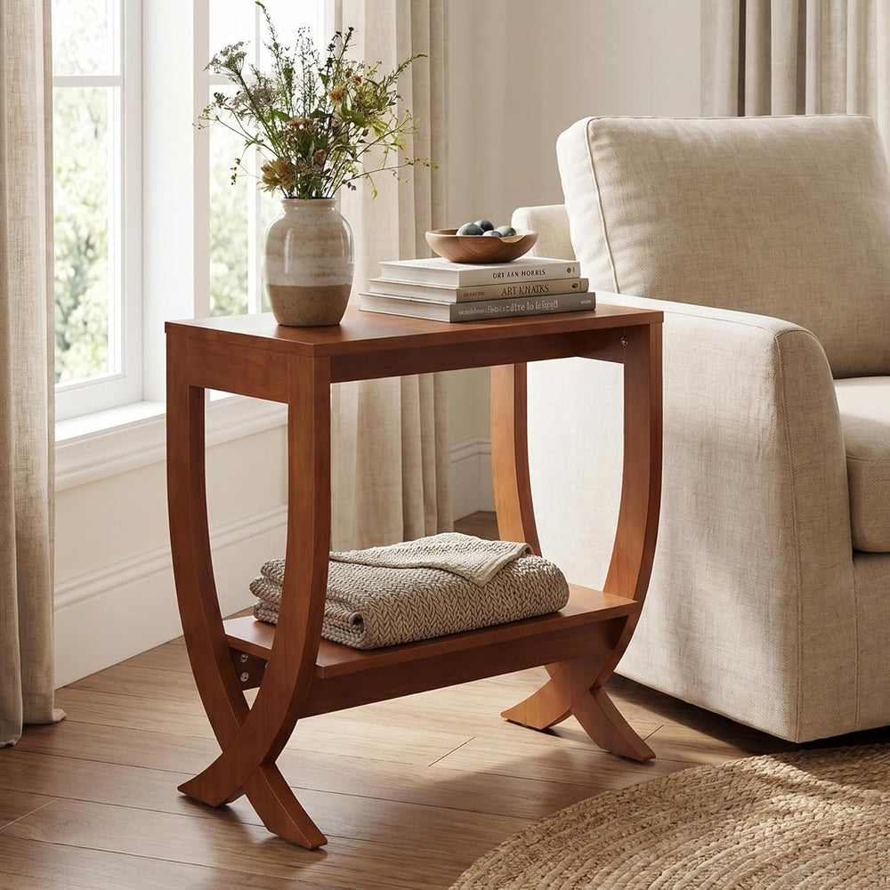 Solid End Table, 2-Tier Couch Side Table with Arched Legs for Small Space, Li...
