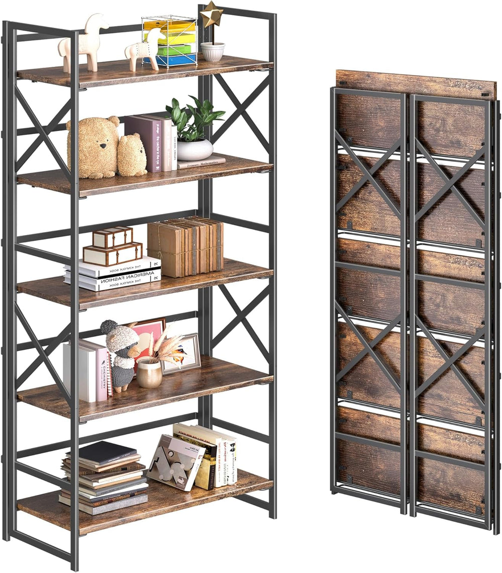 4NM 5 Tiers No Assembly Book Shelves, 51.2" H Folding Bookshelf Bookcase...