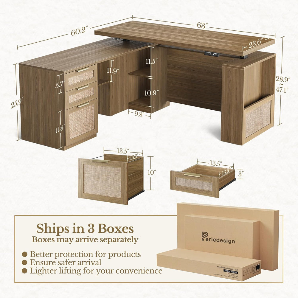 63 Inches L Shaped Standing Desk, Executive Standing Desk with Drawers and Fi...