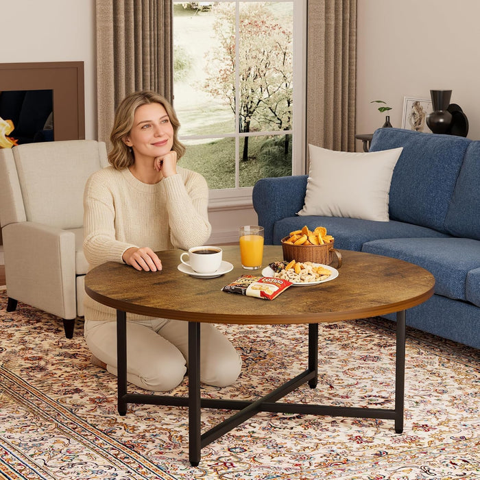 FAMIDGE Coffee Table, 31.5" Large Round Coffee Table for Living Room, Center Tables for Family & Office Use, Outdoor Coffee Table Round, Large Rustic Brown(31.5" D x 17.7" H)