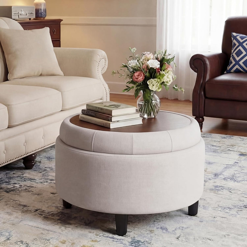 COLAMY Fabric Round Storage Ottoman with Reversible Tray Lid – Multi-Function...