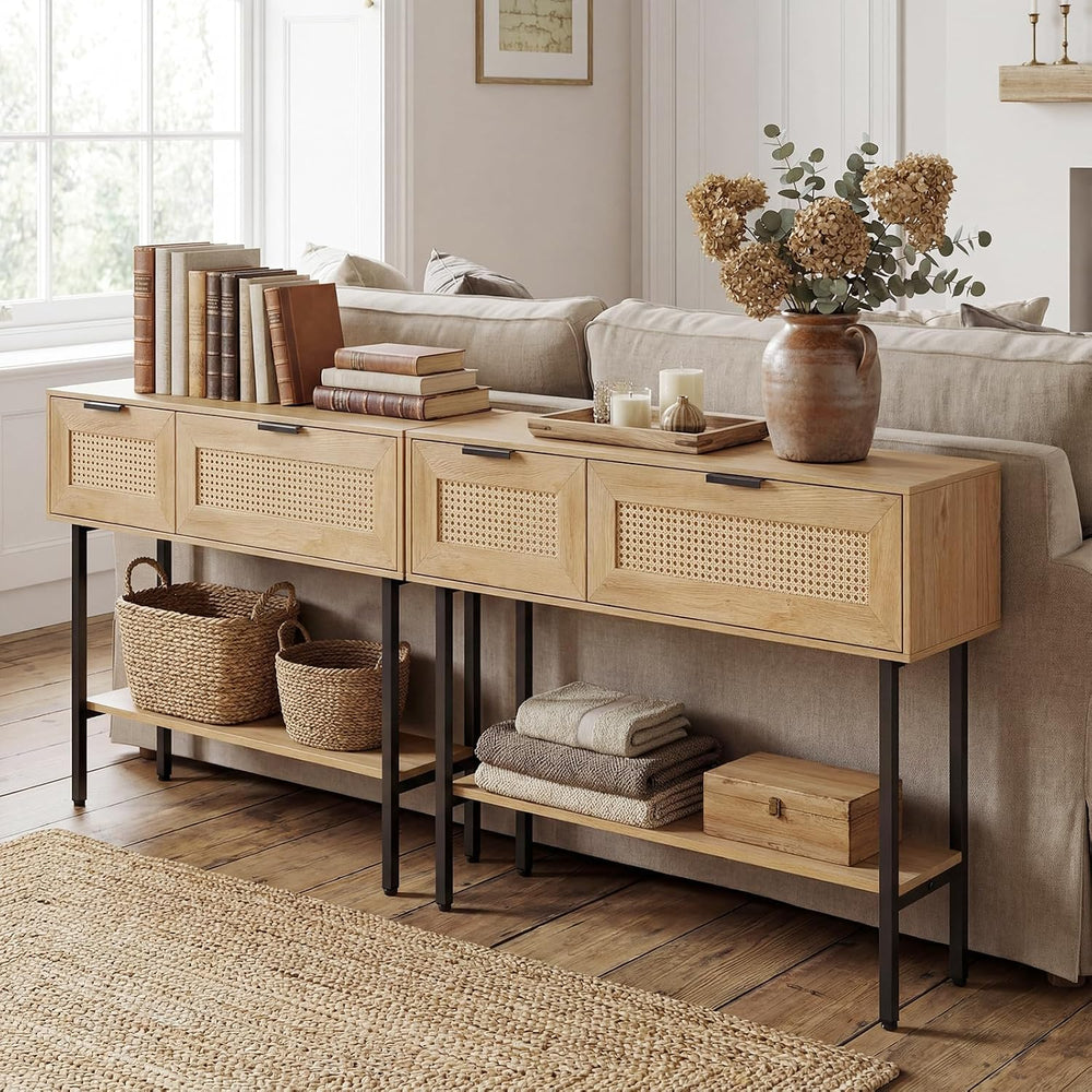 GIANTEX Rattan Console Table with Storage, 40" Long Boho Entryway Table ...