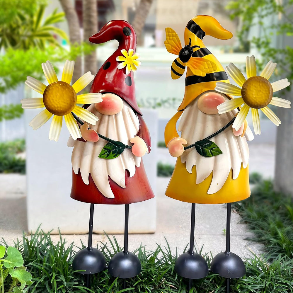 HONGLAND Gnomes Decorations for Yard - Metal Gnome Outdoor Decor Bee Ladybug ...