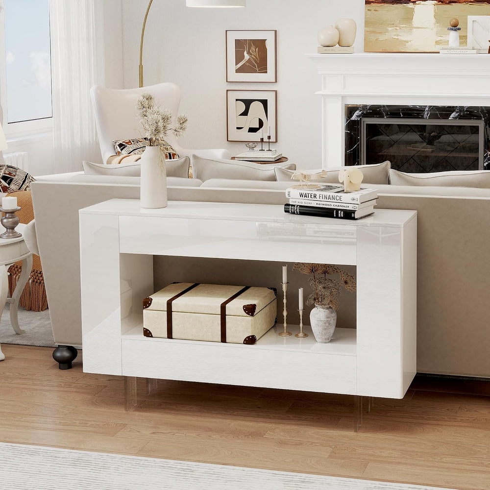 47" High Gloss Console Table with Hidden Side Storage, White | Modern en...