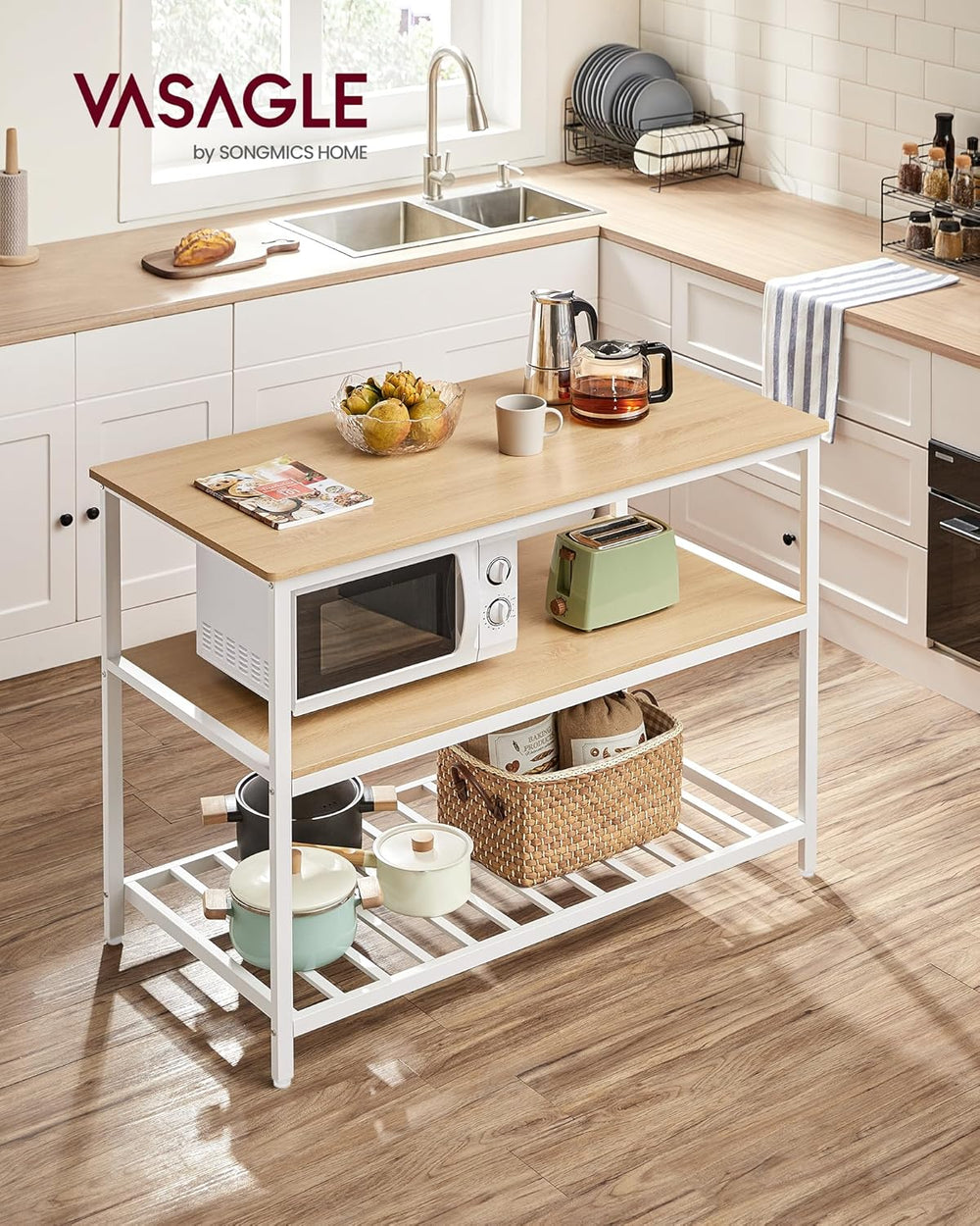 VASAGLE Kitchen Island with 3 Shelves, 47.2 Inches Width Kitchen Shelf with L...