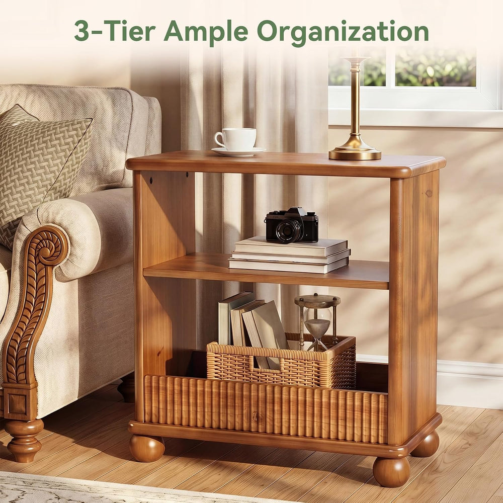 3-Tier Solid Wood End Table with Storage Shelf for Living Room | Farmhouse Ru...