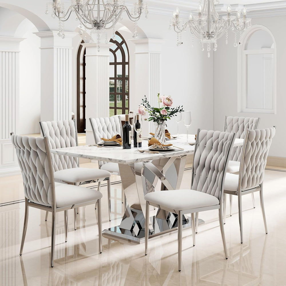 Modern Dining Chairs Set of 6, Light Grey Velvet Woven Kitchen Chair with Sil...