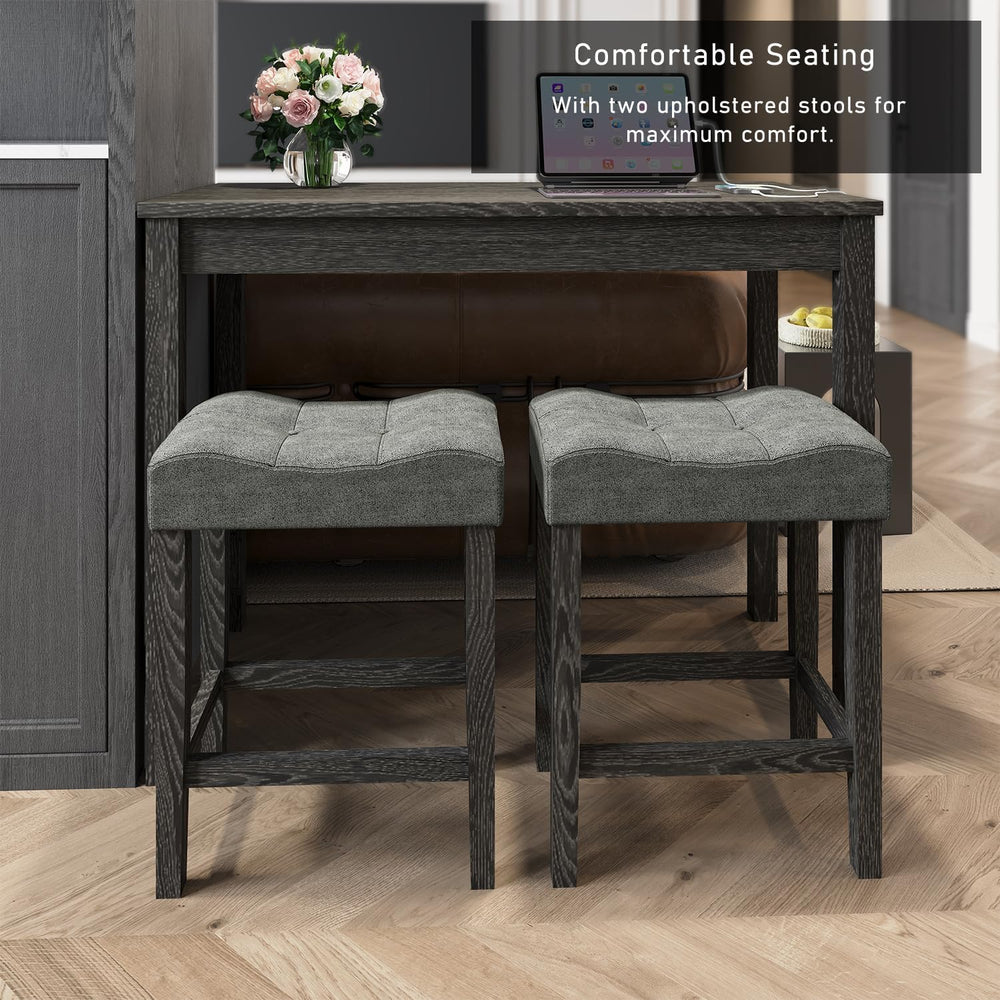 allamazing 3-Piece Counter Height Bar Table Set with Socket and 2 Fabric Padd...