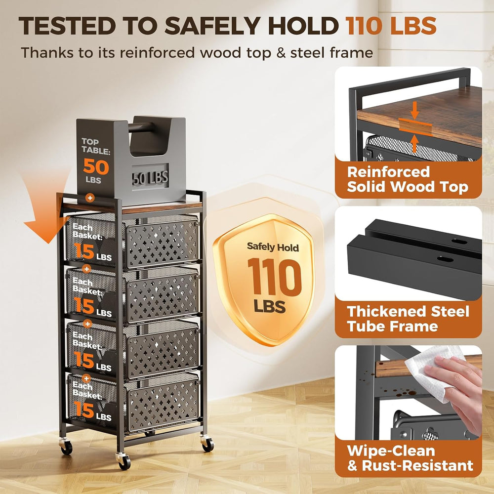 5 Tier Kitchen Storage Cart with Wheels, Utility Fruit Vegetable Storage Rack...